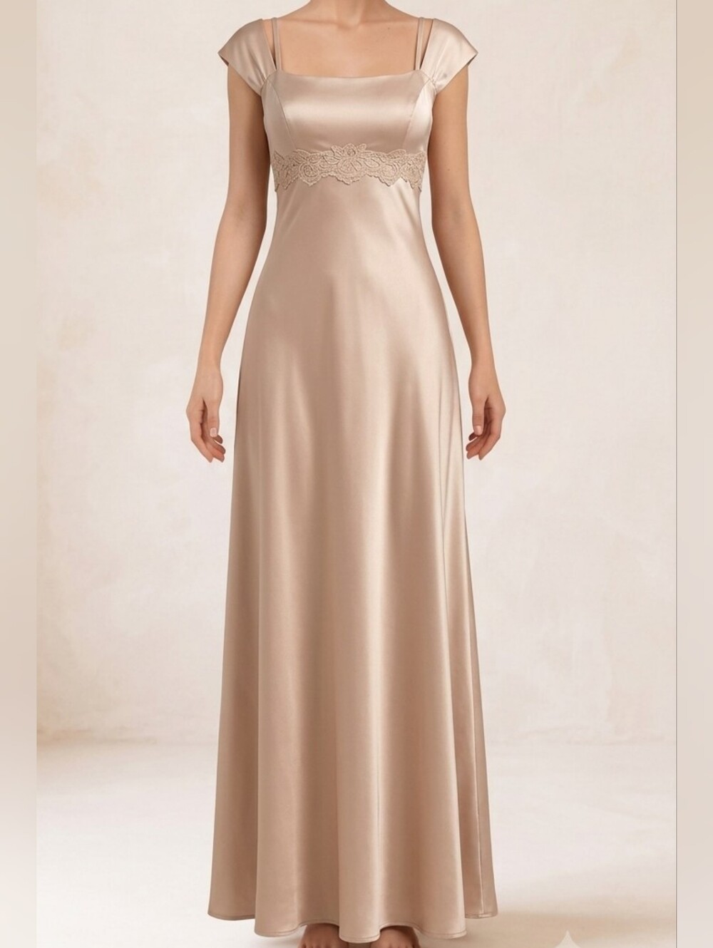 Michaelangelo Ivory Satin Maxi Dress with Lace Trim Minimalist Elegant